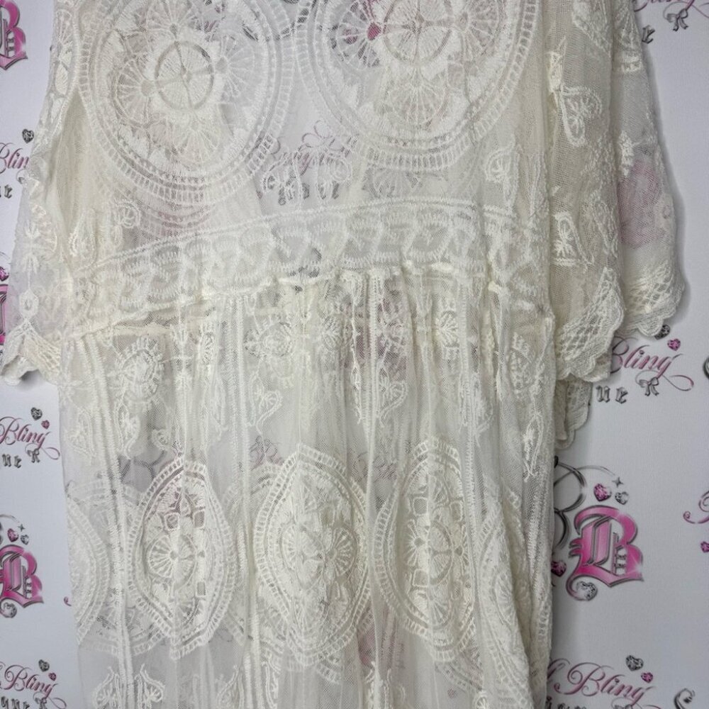 Cardigan Bohemian Lace Kimono Cardigan - White cream tie up ribbon belt ONESIZE - Picture 7 of 11